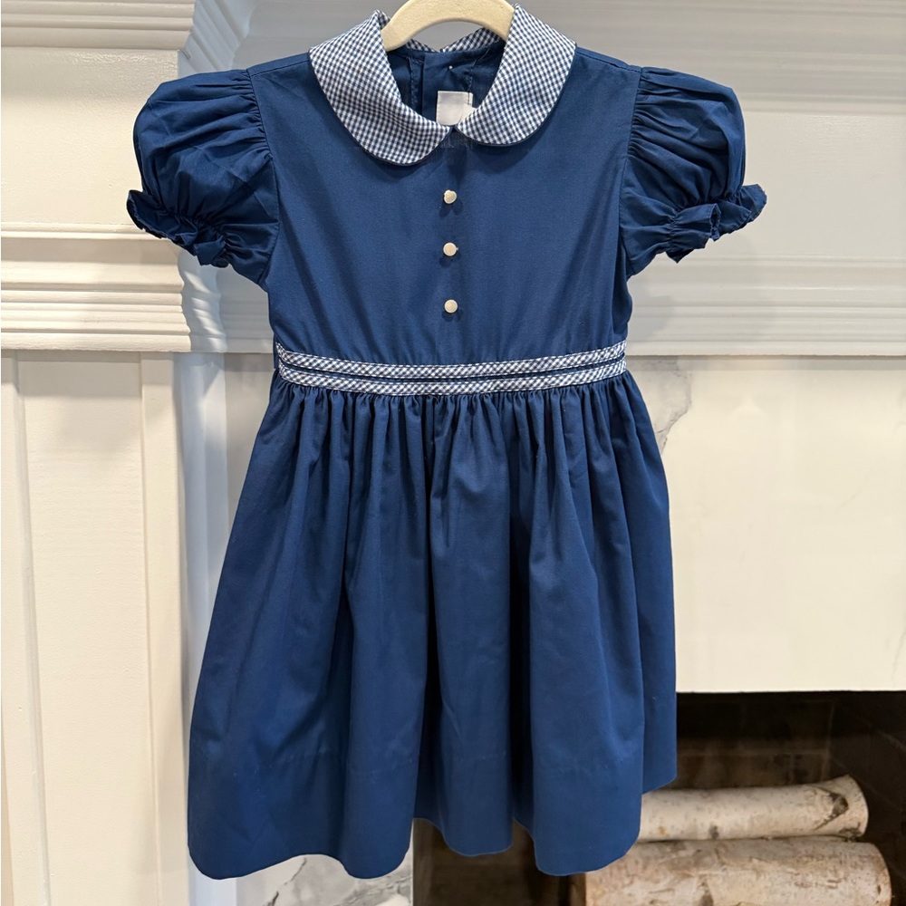 Vintage Jayne Copeland Girls Navy Dress with Gingham Collar, Size 5